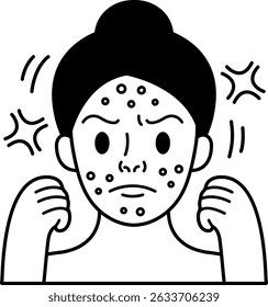 black and white illustration of a girl with acne on her face is angry
