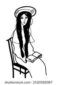 Black and white illustration of a girl with a book on her lap.Stylized portrait of a young girl with long dark hair in a hat.Vector illustration a girl sits on a chair with a book on her lap.