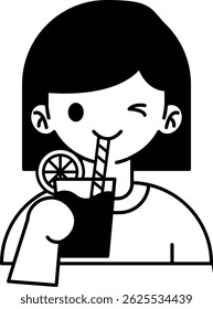 black and white illustration of a girl drinking orange juice