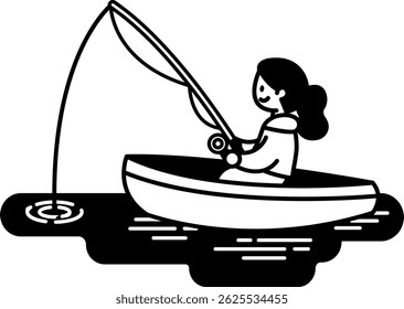 black and white illustration of a girl fishing in a boat on a lake