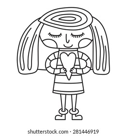 Black and white illustration of girl with heart. Vector.