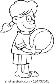 Black and white illustration of a girl holding a beach ball.