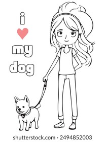 Black and white illustration of a girl with long hair standing with a dog on a leash. The girl is smiling and wearing a T-shirt and trousers. The inscription above the girl reads “i ♥ my dog”, which e