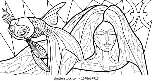 black and white illustration of a girl personifying the zodiac sign Pisces, in the style of stained Glass