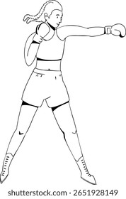 Black and white illustration of a girl standing in a boxing stance. Vector illustration. Isolated element on a white background.