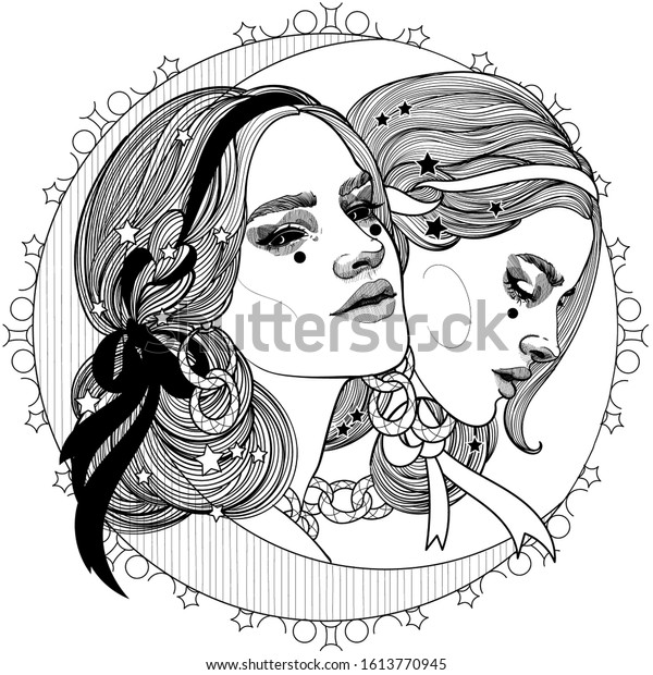 双子の2つのエンティティを持つ女の子の白黒のイラスト のベクター画像素材 ロイヤリティフリー