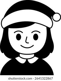 black and white illustration of a girl wearing santa hat