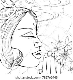 Black and white illustration of a girl who prays. The pattern around it signifies the magic of the word.