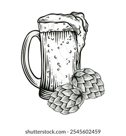 Ilustración en blanco y negro de un vaso de cerveza y lúpulo