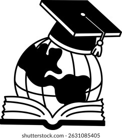 black and white illustration of a globe with a graduation cap on top