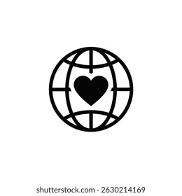 Black and white illustration of a globe with a heart symbol inside representing global love