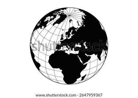 Black and white illustration of a globe showing Europe, Africa, and parts of Asia. Grid lines are visible.
