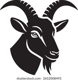 A black and white illustration of a goat's head, shown in profile with prominent horns and a beard.