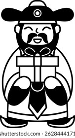 black and white illustration of God of wealth holding gift