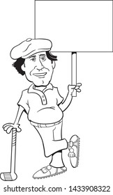 Black and white illustration of a golfer leaning on a golf club and holding a sign.