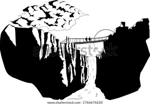 \
black and white illustration gorge with a\
waterfall and suspension\
bridge