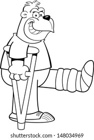 Black and white illustration of a gorilla on crutches with his leg in a cast.