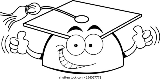 Black and white illustration of a graduation cap giving thumbs up.