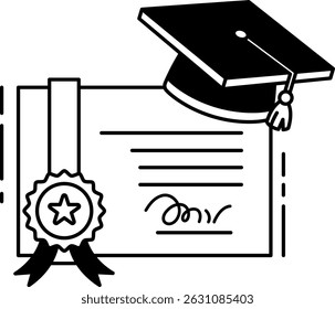 black and white illustration of a graduation cap on top of a certificate paper