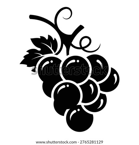 Black and white illustration of grapes on a vine stem with leaf icon