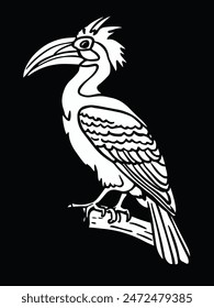 A black and white illustration of a Great Hornbill perched on a tree branch. It has a large beak and black and white feathers.