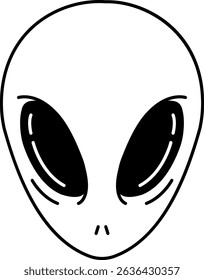 black and white illustration of a green alien head with black eyes 