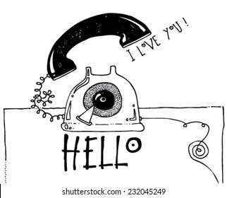 black and white illustration, greeting card of a telephone, funny, message: hello, I love you/vector - phone - black and white/digital vector 