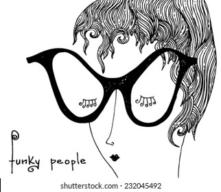 Black And White Illustration, Greeting Card Of A Portrait Of A Woman, Stylish, Funky Glasses, Attitude/vector - Lady With Glasses - Black And White/digital Vector 