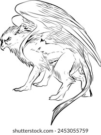 Black and white illustration of griffin. mythological animal.