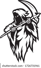 black and white illustration of a grim reaper carrying a sickle