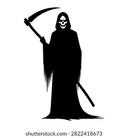A black and white illustration of a grim reaper figure holding a scythe, symbolizing death and the afterlife in a haunting and mysterious style.