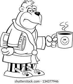 Black and white illustration of a grouchy gorilla in his bathrobe and holding a coffee cup.