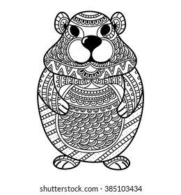 Black and white illustration of Groundhog made by ethnic floral doodle pattern for Coloring Book, Tattoo and Decoration.