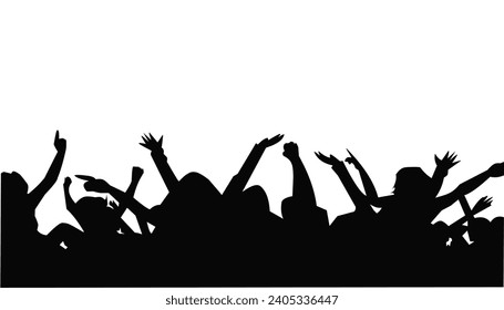 black and white illustration of a group of people raising their hands dancing at a concert crowd