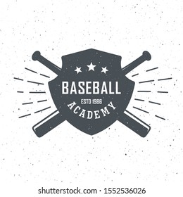 A black and white illustration with a grunge texture of a baseball academy logo. Vector illustration of a shield, rays, bits and text with stars