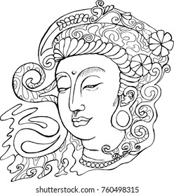 Black and white illustration of guan yin. Stylized deity guan yin.