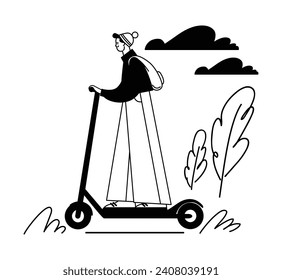 Black and white illustration. A guy rides an electric scooter.