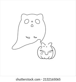 black and white illustration | halloween cute kawaii coloring page and line art 