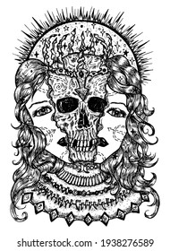 Black and white illustration with halves of woman face and scary skull between them. Mystic background for Halloween, esoteric, gothic, heavy metal or occult concept, tattoo sketch