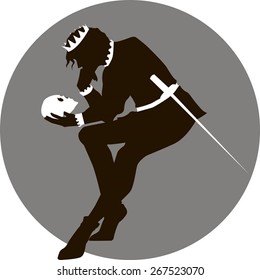 Black and white illustration of Hamlet with a skull in his hand
