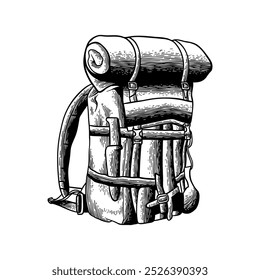 black and white illustration of a hand camping bag