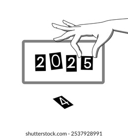 Black and white illustration of a hand changing the year from 2024 to 2025, symbolizing transition, new beginnings, and time progression.