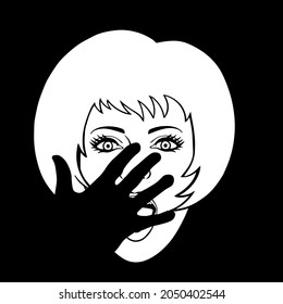 Black and white illustration of a hand covering a woman's cavity for kidnapping or domestic violence. Concept for Kidnapping or Domestic Violence.