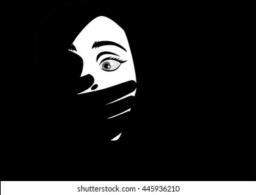 Black and white illustration of a hand covering woman mouth concept for kidnapping or domestic violence.