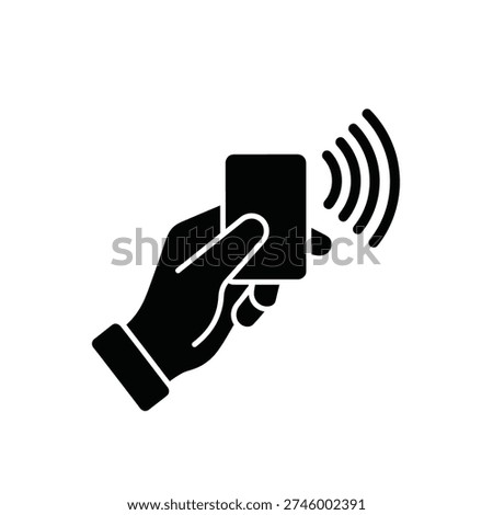 Black and white illustration of a hand grasping a mobile phone with signal waves, simple and modern design