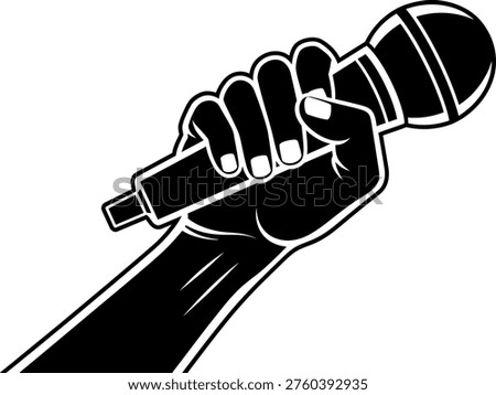 A black and white illustration of a hand grasping a microphone