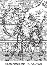 Black and white illustration with hand holding whip against the background of ship deck, ropes and sea waves. Vector vintage drawings, marine concept, coloring book page, t-shirt graphic 