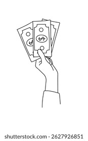 Black and white illustration Hand holding Lot of money issolated on white. Finance element