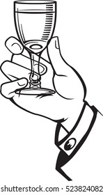 Black and white illustration of hand holding glass of vodka encased in circle.
