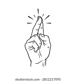 A black and white illustration of a hand with index finger snapping, surrounded by motion lines, in a comic book style, conveying suddenness or realization.